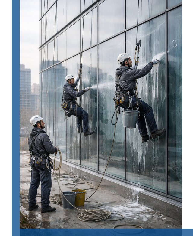 Промышленная мойка панорамных окон на высоте в Калининграде