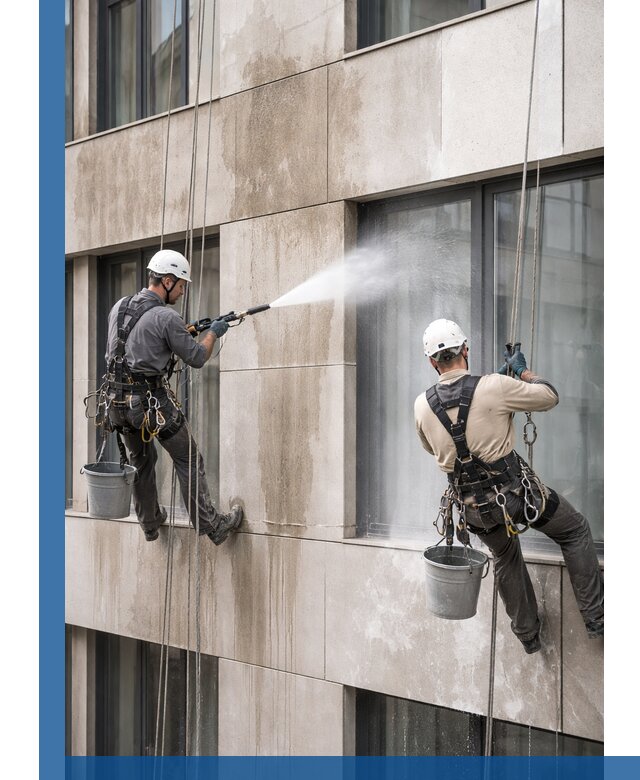 Послестроительная мойка фасада промышленным альпинизмом в Калининграде