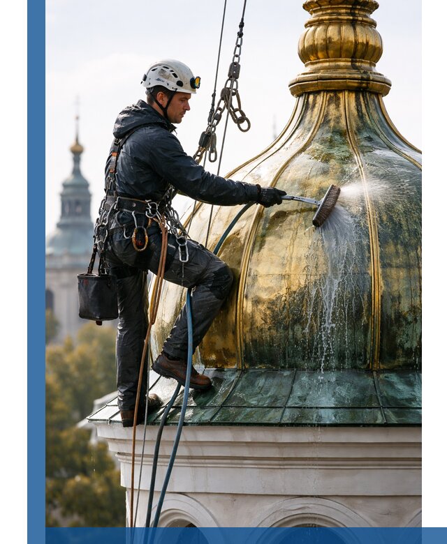 Профессиональная мойка куполов и шпилей высотными альпинистами в Калининграде
