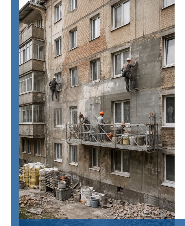 Капитальный ремонт фасада в Калининграде с восстановлением и гидроизоляцией