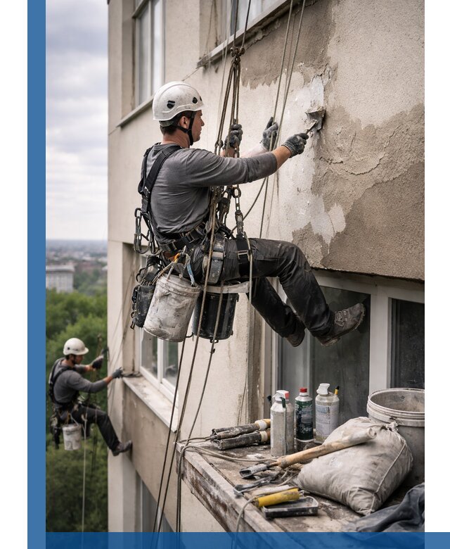 Косметический ремонт фасада зданий в Калининграде промышленными альпинистами