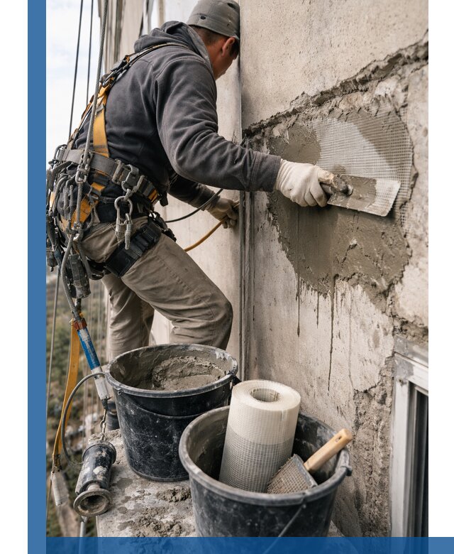 Ремонт бетонных элементов фасада промышленными альпинистами в Калининграде