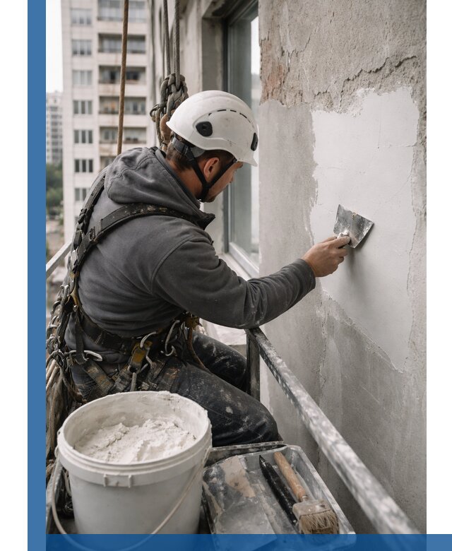 Шпаклевка фасадов на высоте с промальпинистами в Калининграде