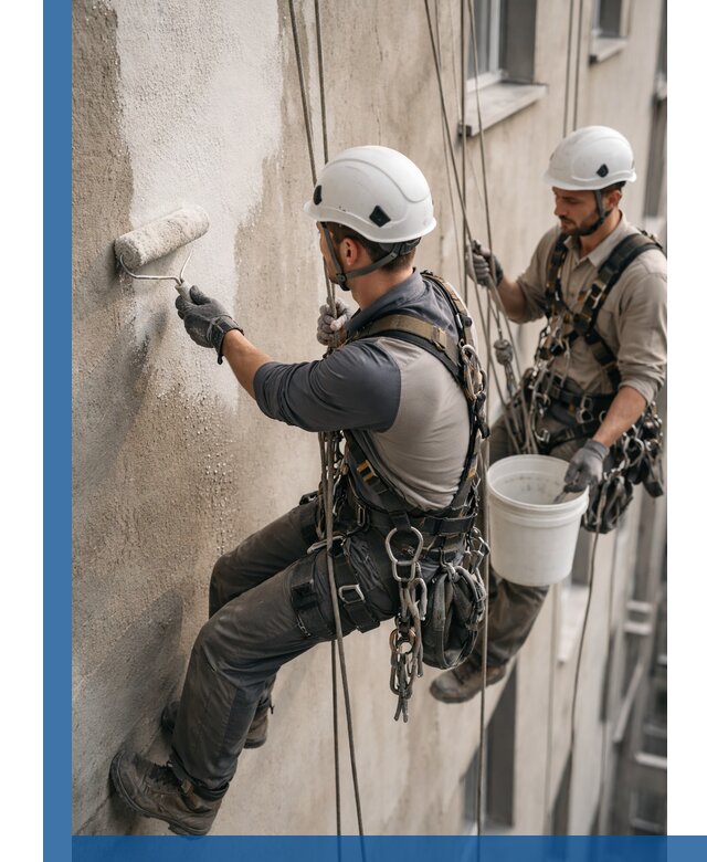 Грунтовка фасада на высоте в Калининграде промышленными альпинистами