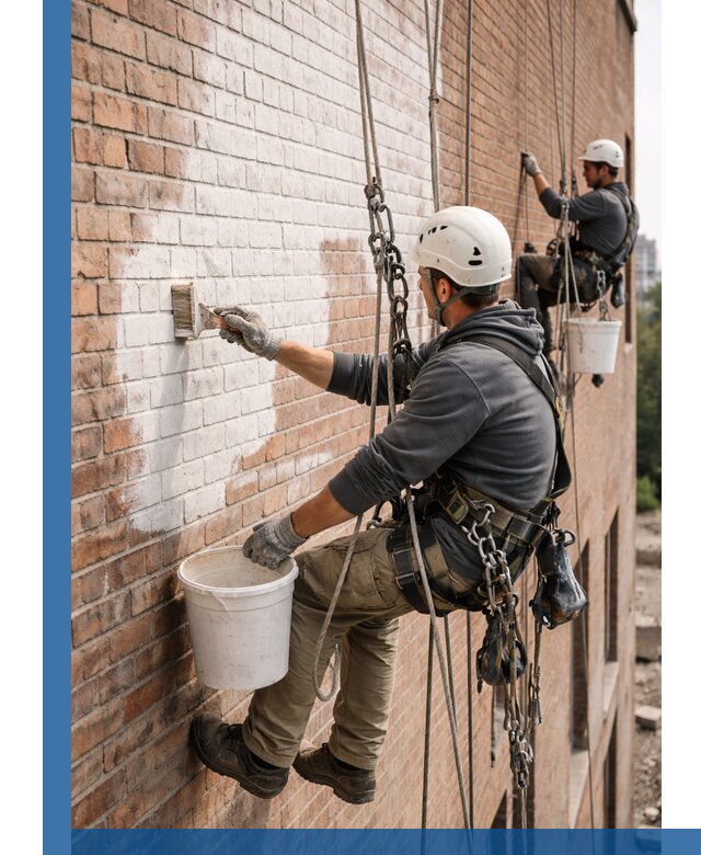 Покраска кирпичного фасада с доступным альпинистским сервисом в Калининграде