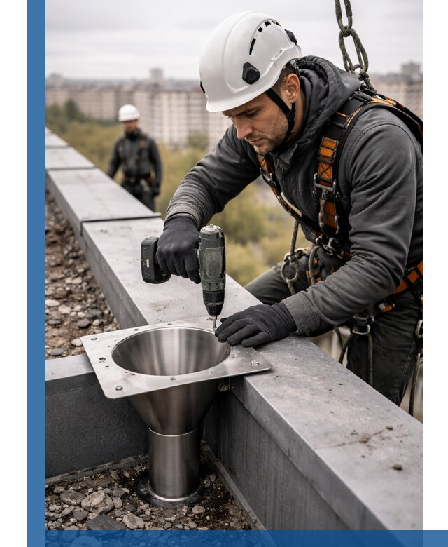 Монтаж водосточных воронок в Калининграде для промышленных зданий