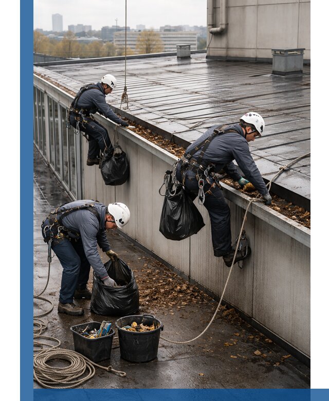 Очистка кровли по периметру в Калининграде силами промышленных альпинистов