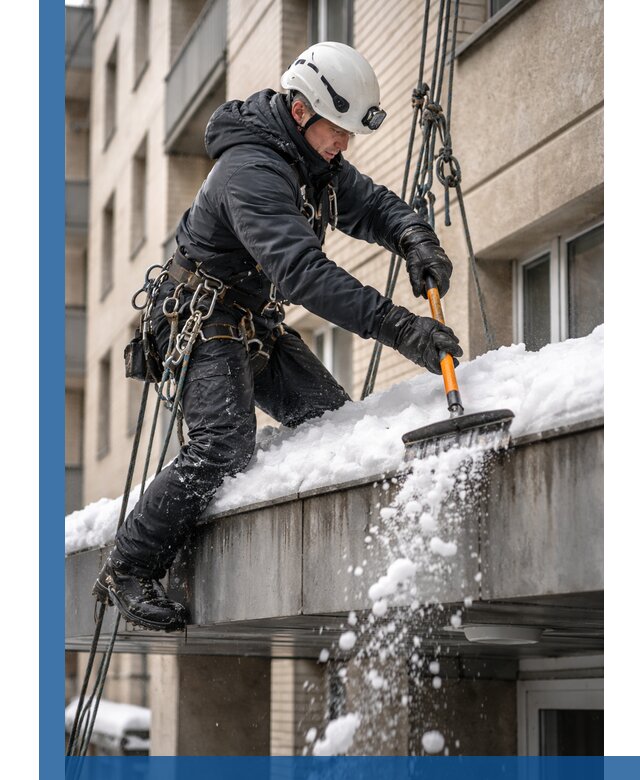 Очистка козырьков от снега в Калининграде круглогодично безопасно