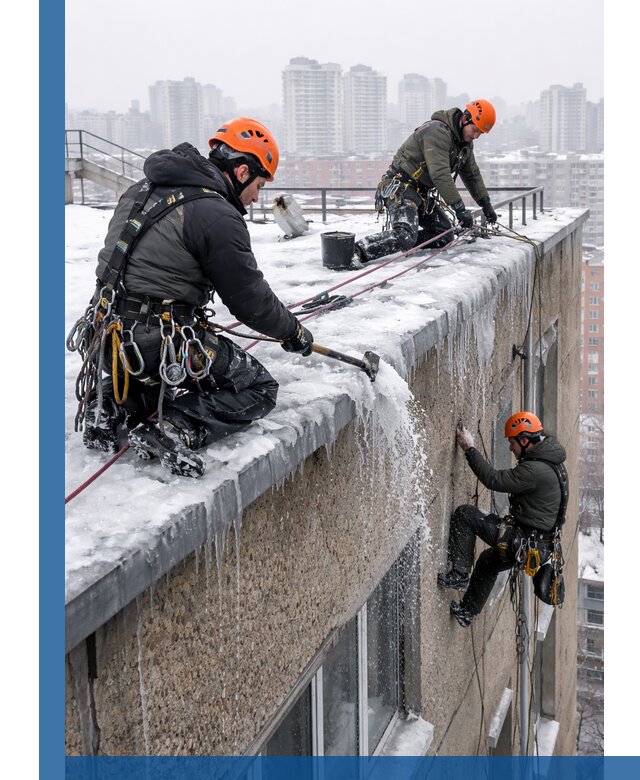 Удаление наледи с кровли в Калининграде промышленными альпинистами