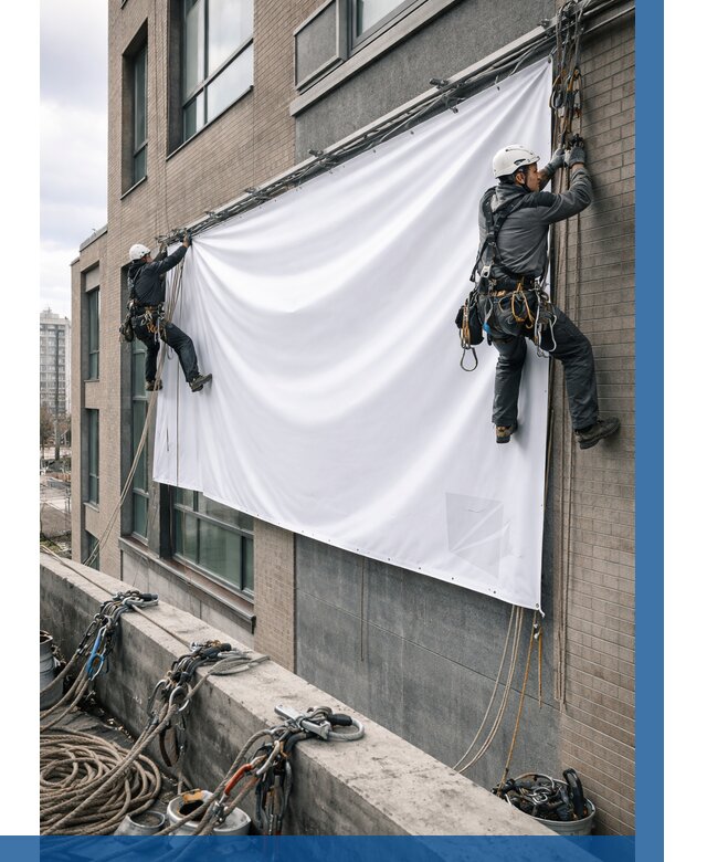 Монтаж баннеров на фасаде в Калининграде от 658 р. заказать ВЫСОТНИК-Клн