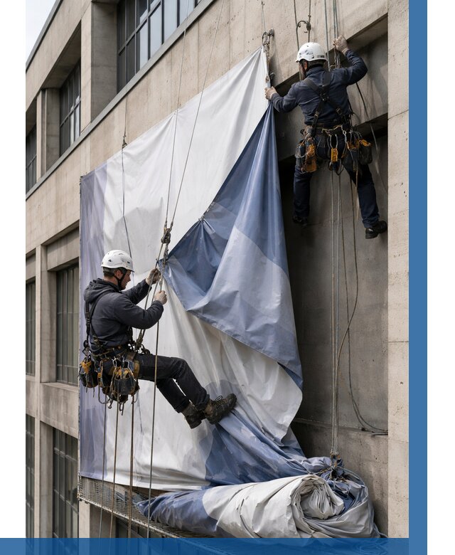 Демонтаж баннеров с фасада в Калининграде от 4553 р. | ВЫСОТНИК-Клн