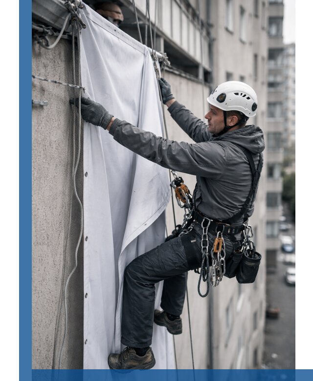 Замена баннерного полотна промышленными альпинистами в Калининграде