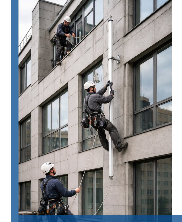 Монтаж флагштока на фасаде здания с креплением и герметикой в Калининграде