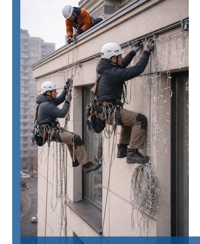 Монтаж праздничных гирлянд на фасаде в Калининграде для зданий