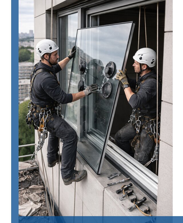 Замена стеклопакетов на высоте с промышленными альпинистами в Калининграде