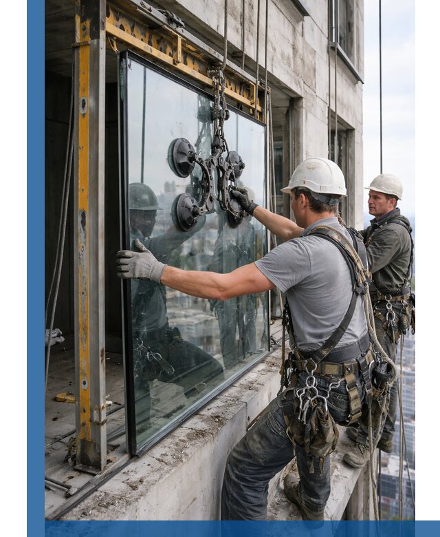 Монтаж стеклопакетов на высоте в Калининграде с промышленным альпинизмом