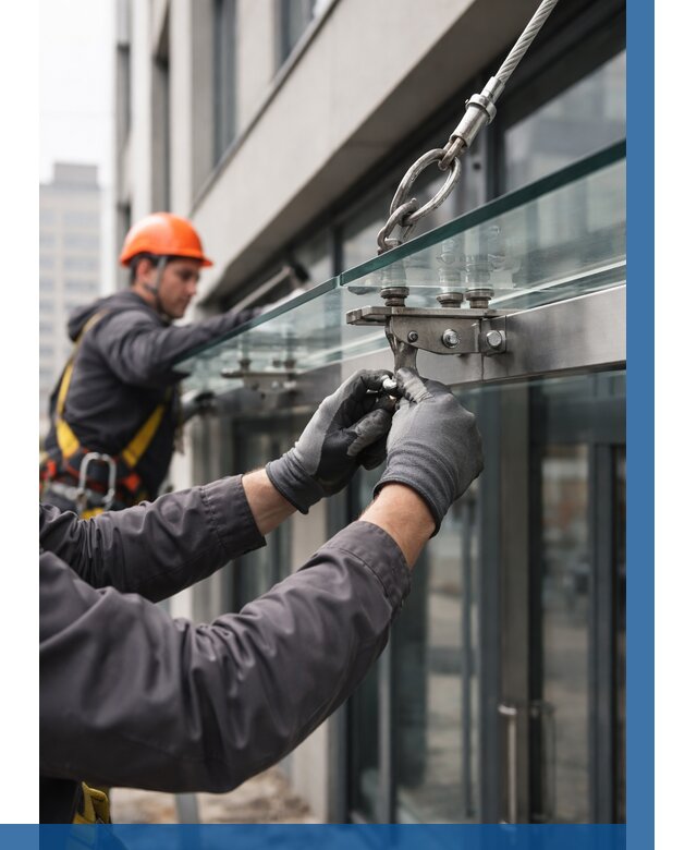 Монтаж стеклянных козырьков в Калининграде от 8600 р. | ВЫСОТНИК-Клн