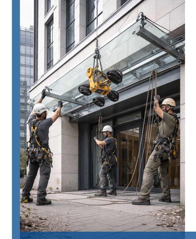 Монтаж стеклянных козырьков под ключ в Калининграде для зданий