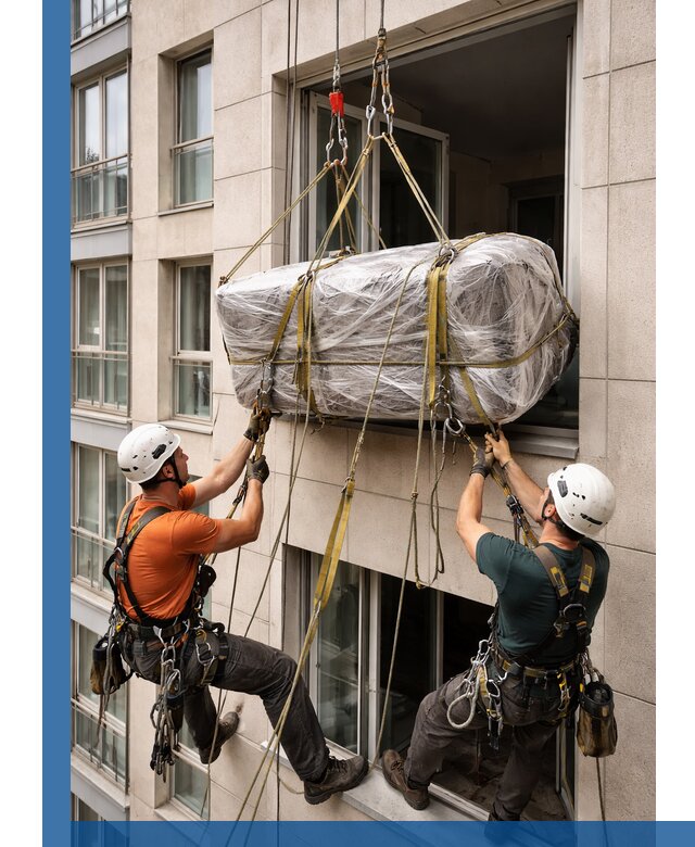 Подъем грузов через окно в Калининграде промышленными альпинистами