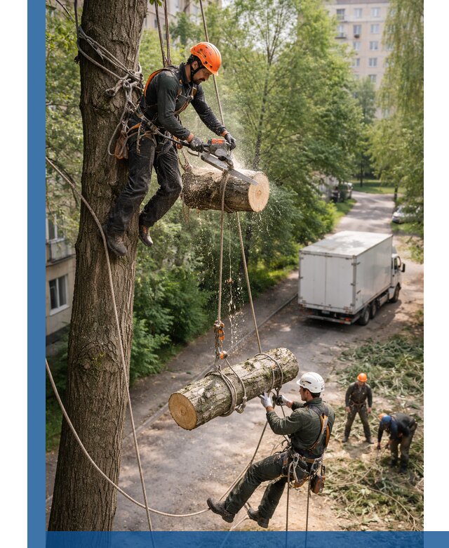 Спил деревьев альпинистами в Калининграде, безопасно и без повреждений