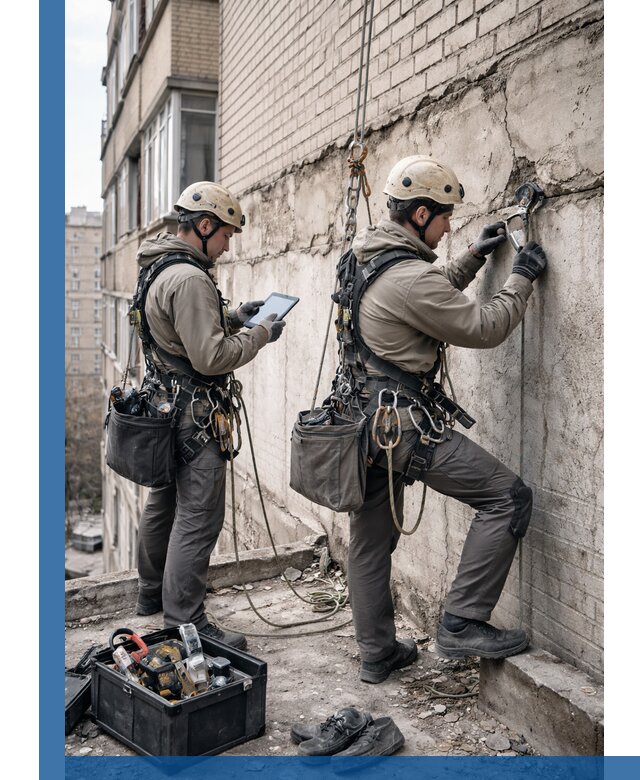 Обследование фасада промышленными альпинистами в Калининграде